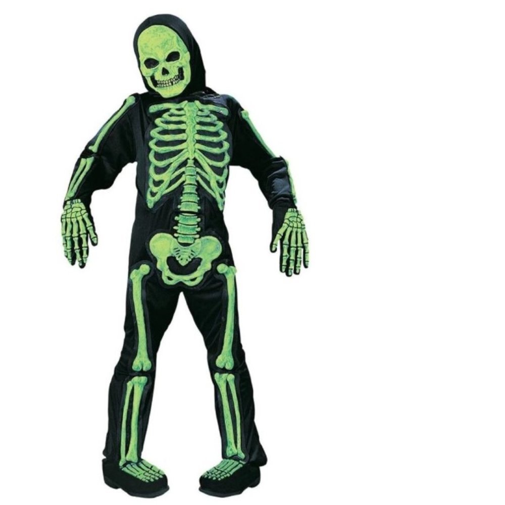 Green Skeleton Halloween Costume 12/14 Skelebones 3-D Jumpsuit, Mask 6 Pc Boys
